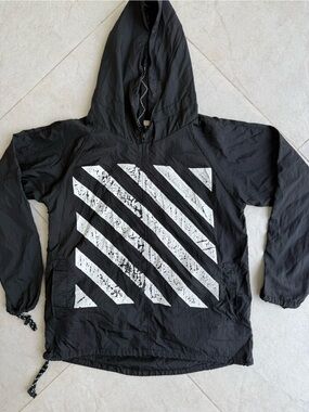 Off-White Black Hooded Windbreaker with White Diagonal Graphic